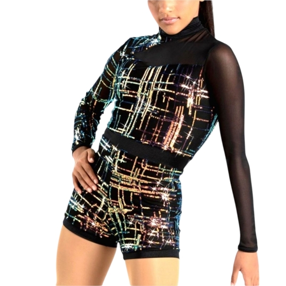 Weissman Dance Romper Sequin Black Mesh Long Sleeve Costume Adult Jazz Lyrical M - Picture 1 of 11